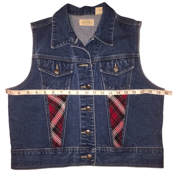 Upcycled Red Plaid Stars Rocker Punk Denim Vest - Picture 10 of 13